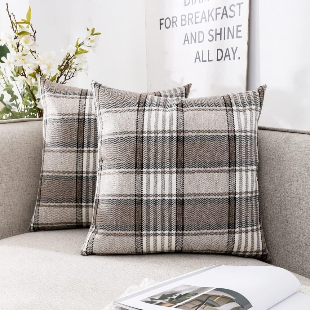 Brown Farmhouse Tartan Plaid Pillow Covers 20x20 Set of 2 Winter Linen Pillow Co